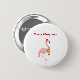 Badge Rond 5 Cm Merry Christmas Pink Flamingo Santa Hat