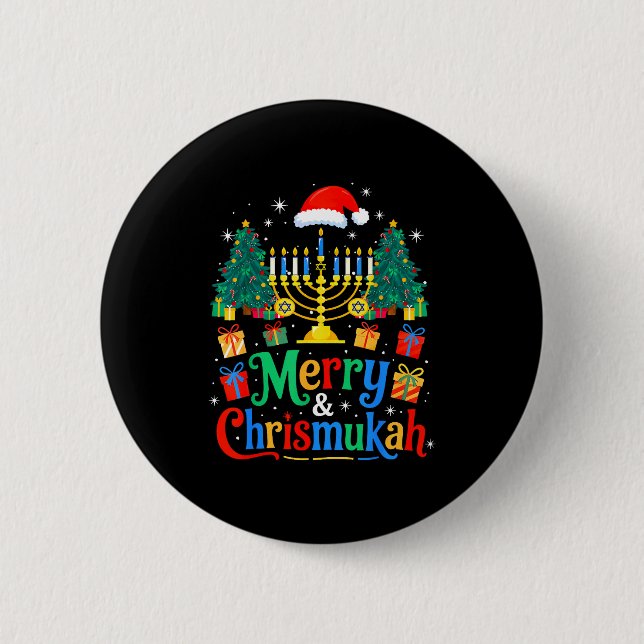 Badge Rond 5 Cm Merry Christmukkah Hanukkah Christmas Tree Xmas Fa (Devant)