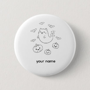 Badge Rond 5 Cm Mignon Chat Fantôme Halloween Citrouilles Chauves-