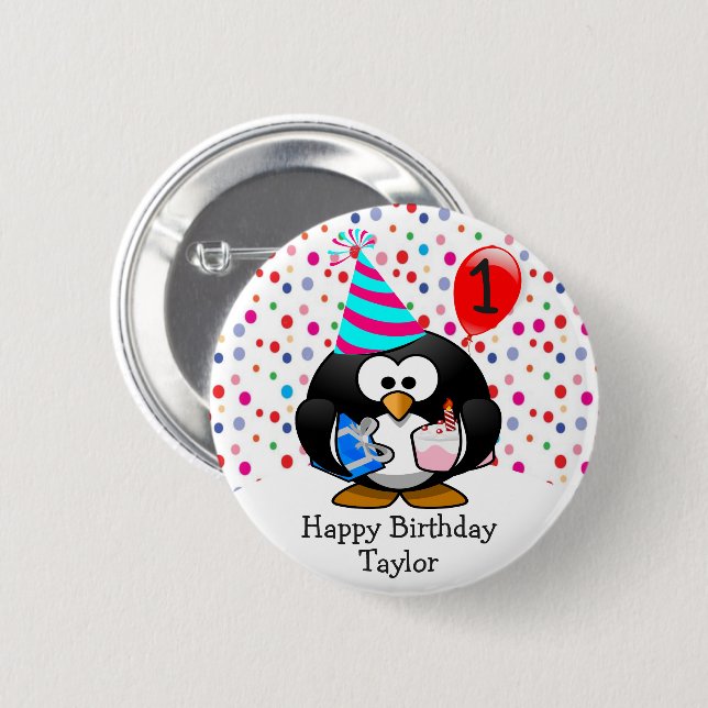 Badge Rond 5 Cm Mignon Enfant 1er Joyeux Anniversaire Manchot (Devant & derrière)