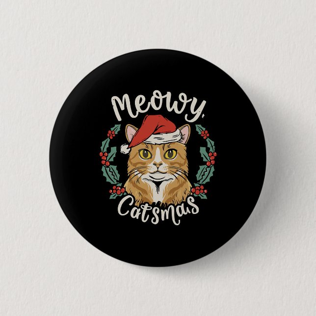 Badge Rond 5 Cm Mignonne Kitten Noël Chapeau de Noël Meowy Catmas  (Devant)