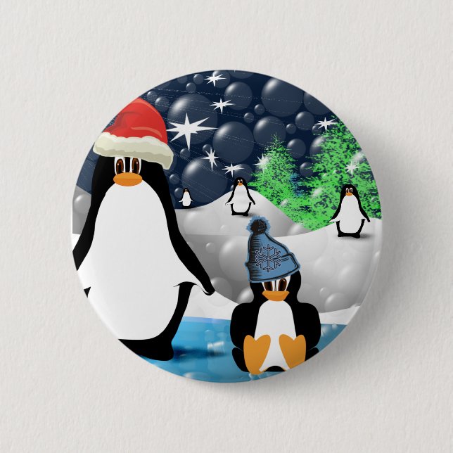 Badge Rond 5 Cm Mignonne maman et bébé Père Noël Pingouins (Devant)