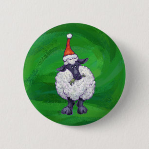 Badge Rond 5 Cm Mignonne mouton à Santa Chapeau sur vert
