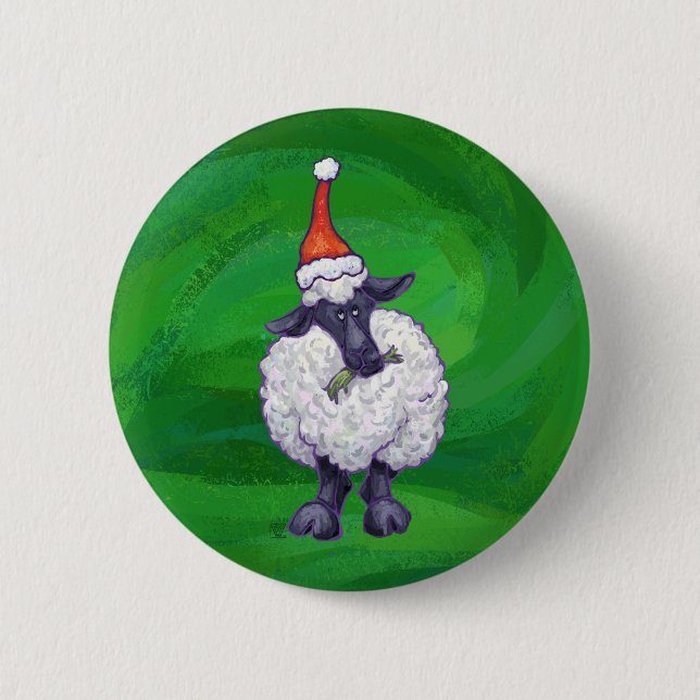 Badge Rond 5 Cm Mignonne mouton à Santa Chapeau sur vert (Devant)