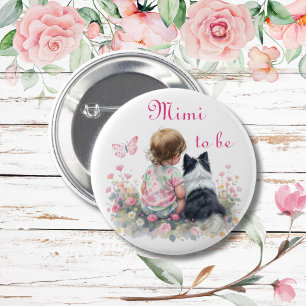 Badge Rond 5 Cm Mimi à venir Baby Shower Bébé Rose et Chien