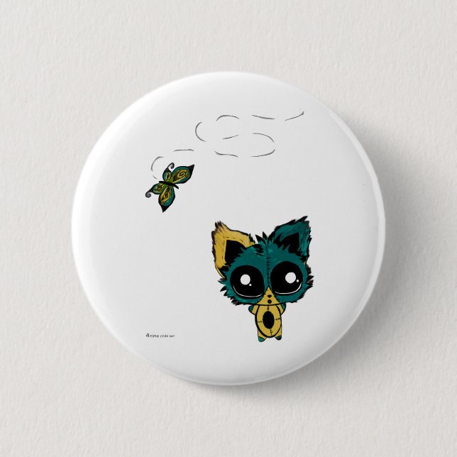 Badge Rond 5 Cm Minou et papillons de Chibi d'Anime (Devant)