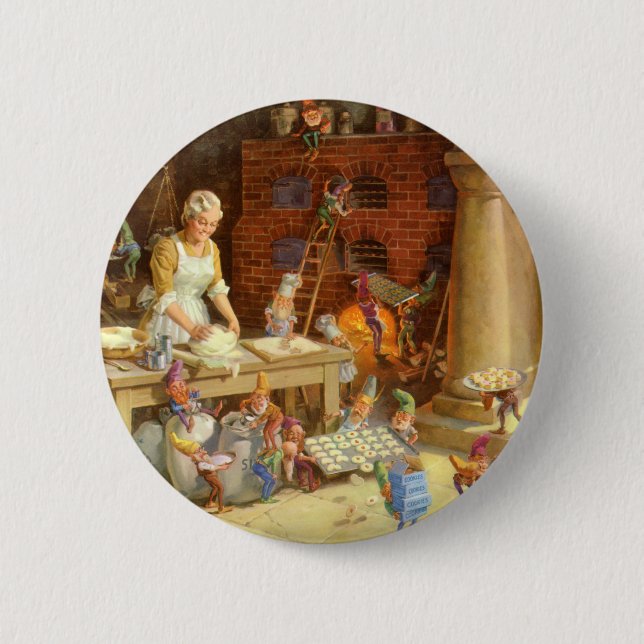 Badge Rond 5 Cm Mme Claus Bakes Cookies with Père Noël Elves! (Devant)