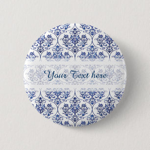 Badge Rond 5 Cm Modèle de damas fleuri - bleu