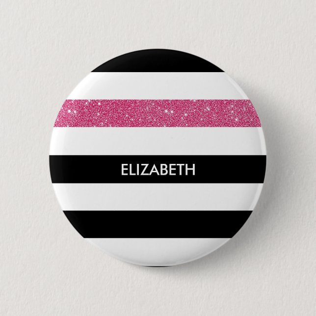 Badge Rond 5 Cm Moderne Black Grilles FAUX Rose Glitz et nom (Devant)