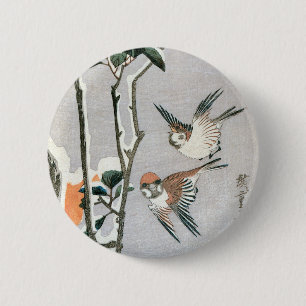 Badge Rond 5 Cm Moineaux et Camélia dans la neige par Ando Hiroshi