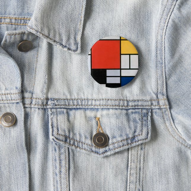 Badge Rond 5 Cm Mondrial Composition Rouge Jaune Bleu Noir (En situation)