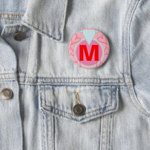 Badge Rond 5 Cm Monogramme Bleu Diamant Coeurs rouges