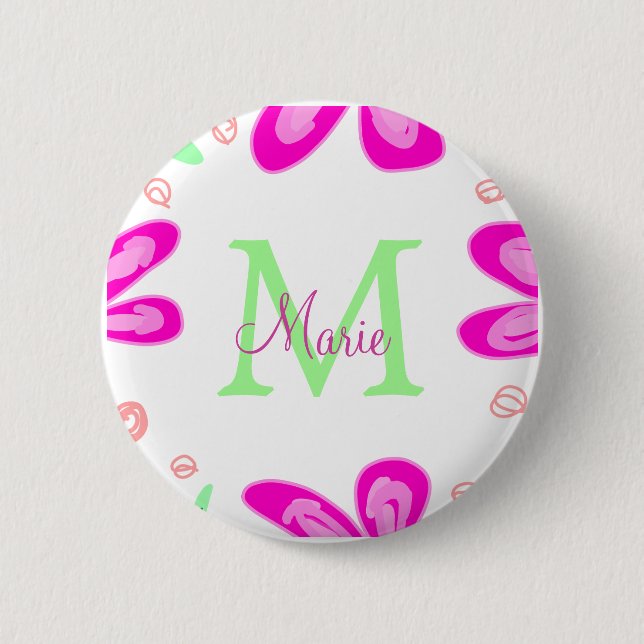 Badge Rond 5 Cm monogramme de fleur rose ajouter nom lettre feuill (Devant)