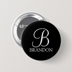 Badge Rond 5 Cm Monogramme et nom de script personnalisé noir