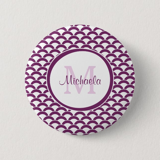 Badge Rond 5 Cm Monogramme et nom des pétoncles violets et blancs  (Devant)