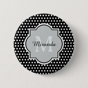 Badge Rond 5 Cm Monogramme et nom en noir et blanc des Pois