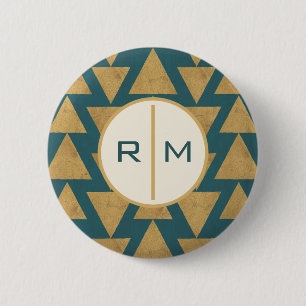 Badge Rond 5 Cm Monogramme  Extérieur Geo Step  Pat Turquoise Gold