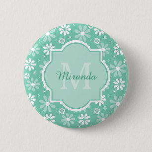 Badge Rond 5 Cm Monogramme Féminin Fleurs de Pâquerette Blanche et