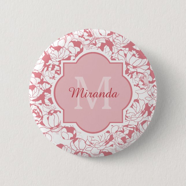 Badge Rond 5 Cm Monogramme Floral Rose Lumière Moderne Avec Nom (Devant)