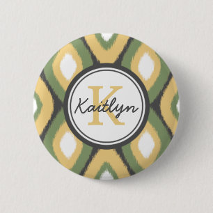 Badge Rond 5 Cm Monogramme Ikat Diamonds Motif Sage Jaune