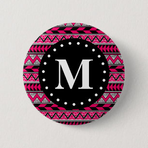 Badge Rond 5 Cm Monogramme Motif Chevron Tribal Rose Hot