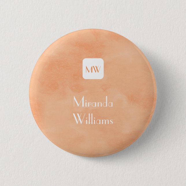 Badge Rond 5 Cm Monogramme orange de Pêche simple et chic avec nom (Devant)