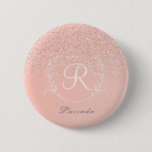 Badge Rond 5 Cm Monogramme pailleté or rose élégant