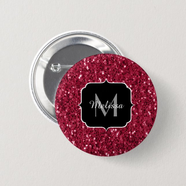 Badge Rond 5 Cm Monogramme rose foncé magenta faux scintillants (Devant & derrière)
