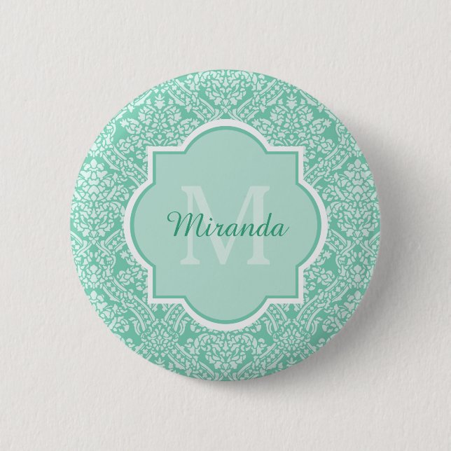 Badge Rond 5 Cm Monogramme vert de menthe élégant avec nom (Devant)