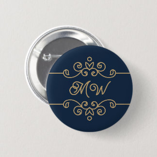 Badge Rond 5 Cm Monogramme vintage or et bleu marine Élégant
