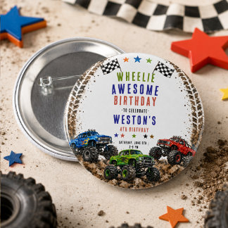 Badge Rond 5 Cm Monster Truck Incroyable Anniversaire 4 Ans Garçon