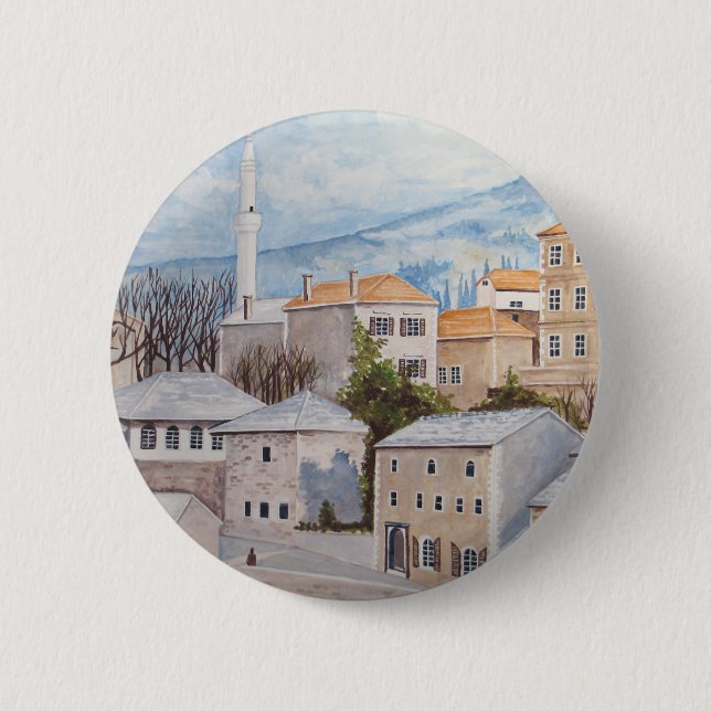 Badge Rond 5 Cm Mostar, Bosnie - Peinture Townscape Acrylique (Devant)