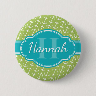 Badge Rond 5 Cm Motif d'Ancre blanc vert Turquoise Monogramme