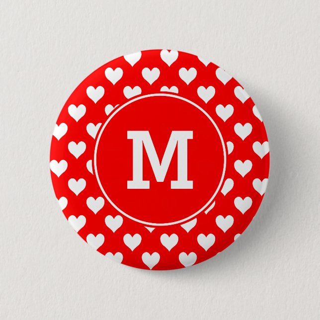 Badge Rond 5 Cm Motif de coeur rouge et blanc monogramme (Devant)