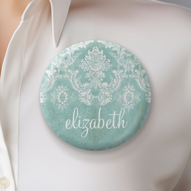 Badge Rond 5 Cm Motif de Damas Vintage bleu glace avec finition gr (Custom Button)
