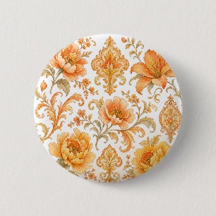 Badge Rond 5 Cm Motif Floral Baroque Vintage – Orange Chaud / Or