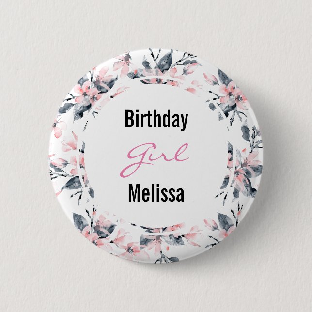 Badge Rond 5 Cm Motif Floral rose et gris Fille d'anniversaire (Devant)