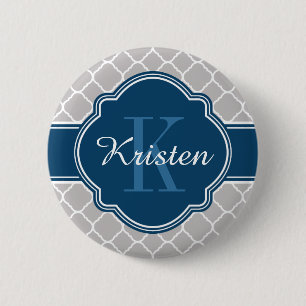 Badge Rond 5 Cm Motif gris Quatrefoil bleu Monogramme