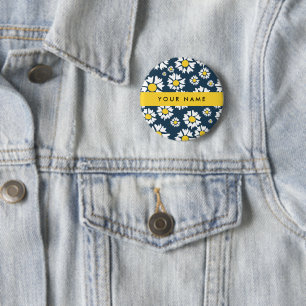 Badge Rond 5 Cm Motif Marguerite, Marguerites Blanches, Votre Nom