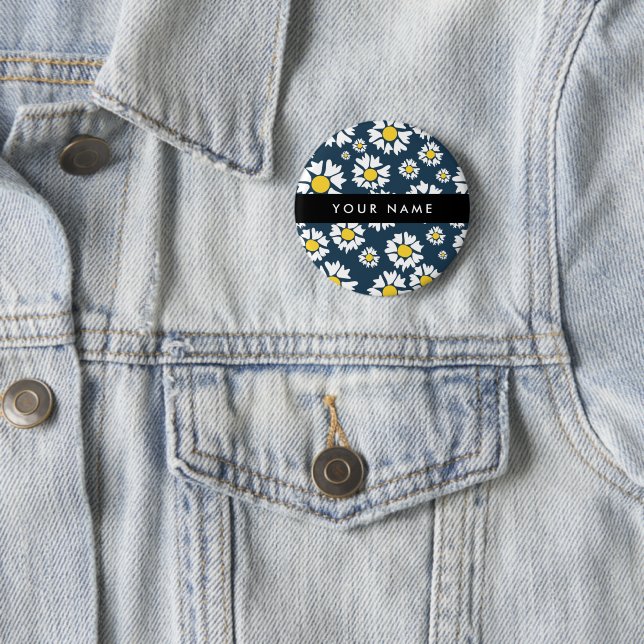 Badge Rond 5 Cm Motif Marguerites, Marguerites Blanches, Votre Nom (En situation)