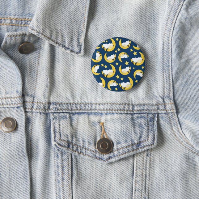 Badge Rond 5 Cm Motif mouton, Mouton couché, Lune, Étoiles (En situation)