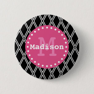 Badge Rond 5 Cm Motif noir blanc rose diamant Monogramme