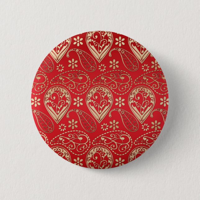 Badge Rond 5 Cm Motif Red Gold Paisley Bandana (Devant)