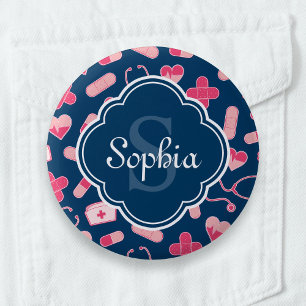 Badge Rond 5 Cm Motif rose et bleu d'infirmière avec monogramme