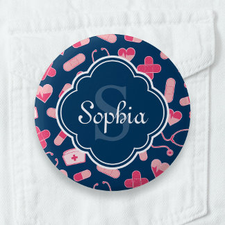 Badge Rond 5 Cm Motif rose et bleu d'infirmière avec monogramme