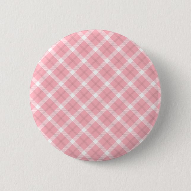 Badge Rond 5 Cm Motif Tartan Rose Et Blanc (Devant)