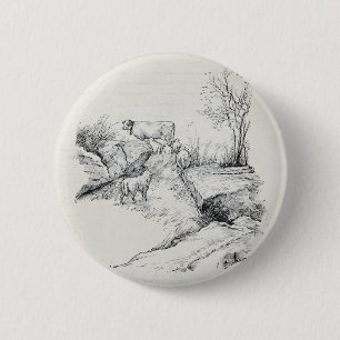 Badge Rond 5 Cm Moutons vintages de vache dans la copie de pré de
