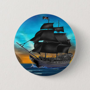 BADGE ROND 5 CM NAVIRE PIRATE AU COUCHER DU SOLEIL