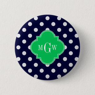 Badge Rond 5 Cm Navy Blanc pois émeraude Quatrefoil 3 Monogramme