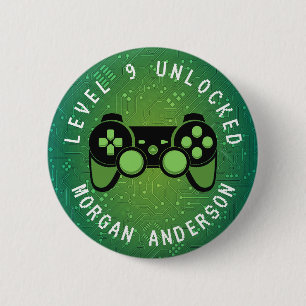 Badge Rond 5 Cm Niveau de joueur vert déverrouillé Anniversaire